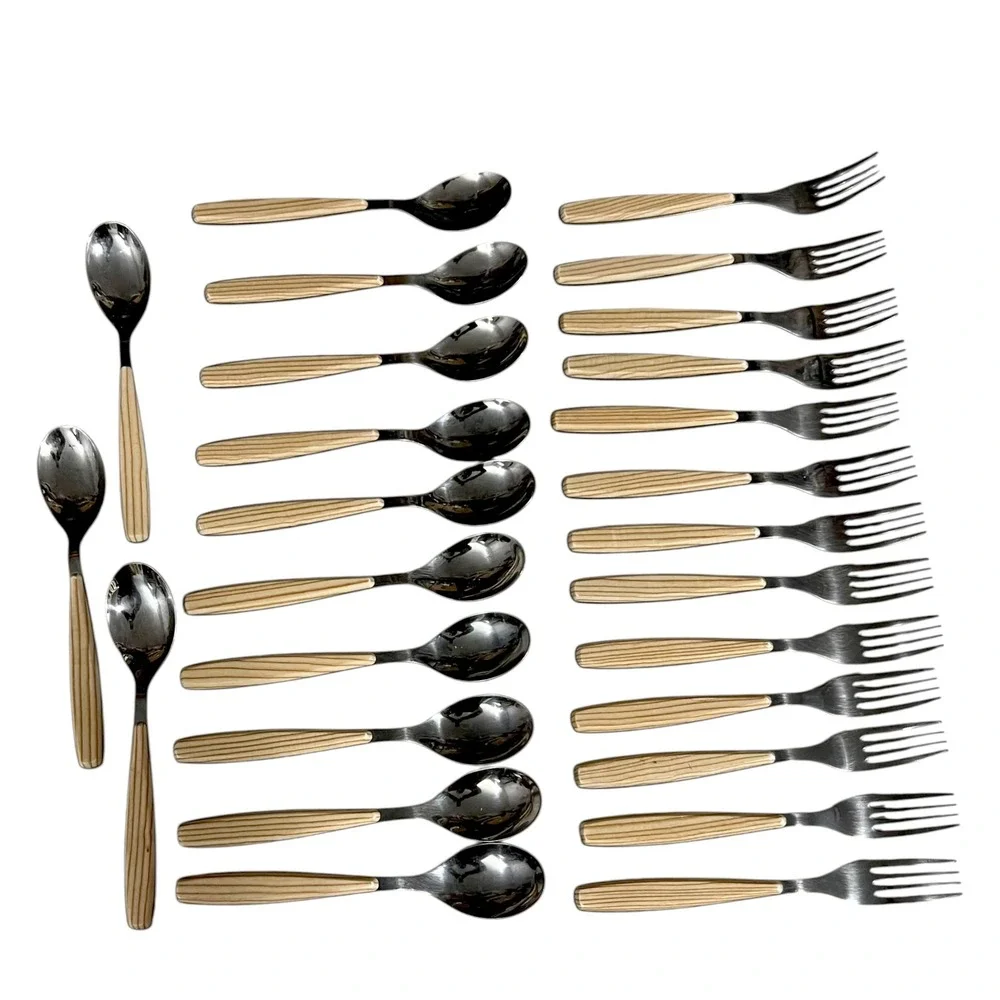 Pinti 1929‎ Inox Riva Birch Handle Spoons Forks Italian Flatware Set Serving